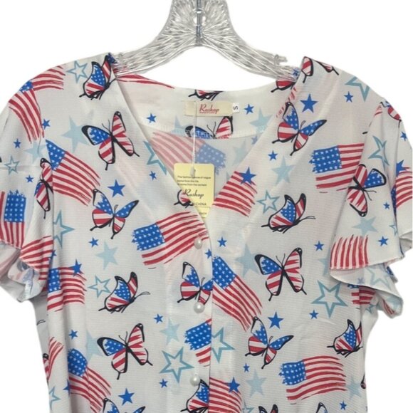 Roshop Patriotic Shirt Blouse Womens Small White Red Blue New Butterfly Flags - Picture 3 of 10